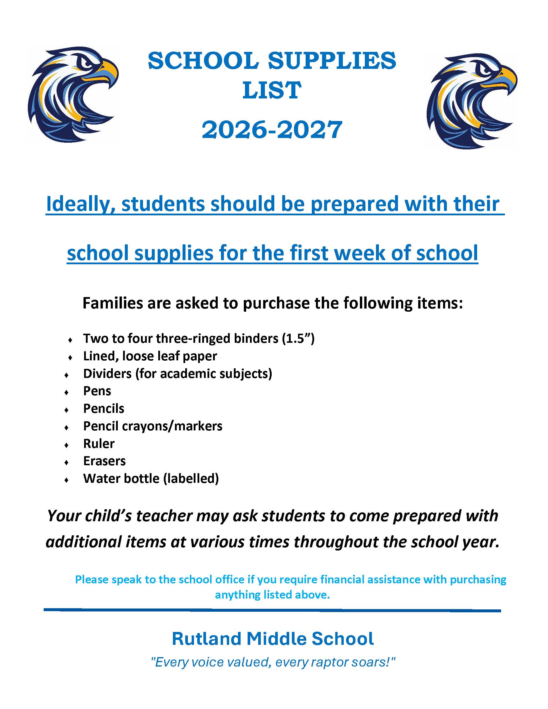 2026 27 School Supplies List